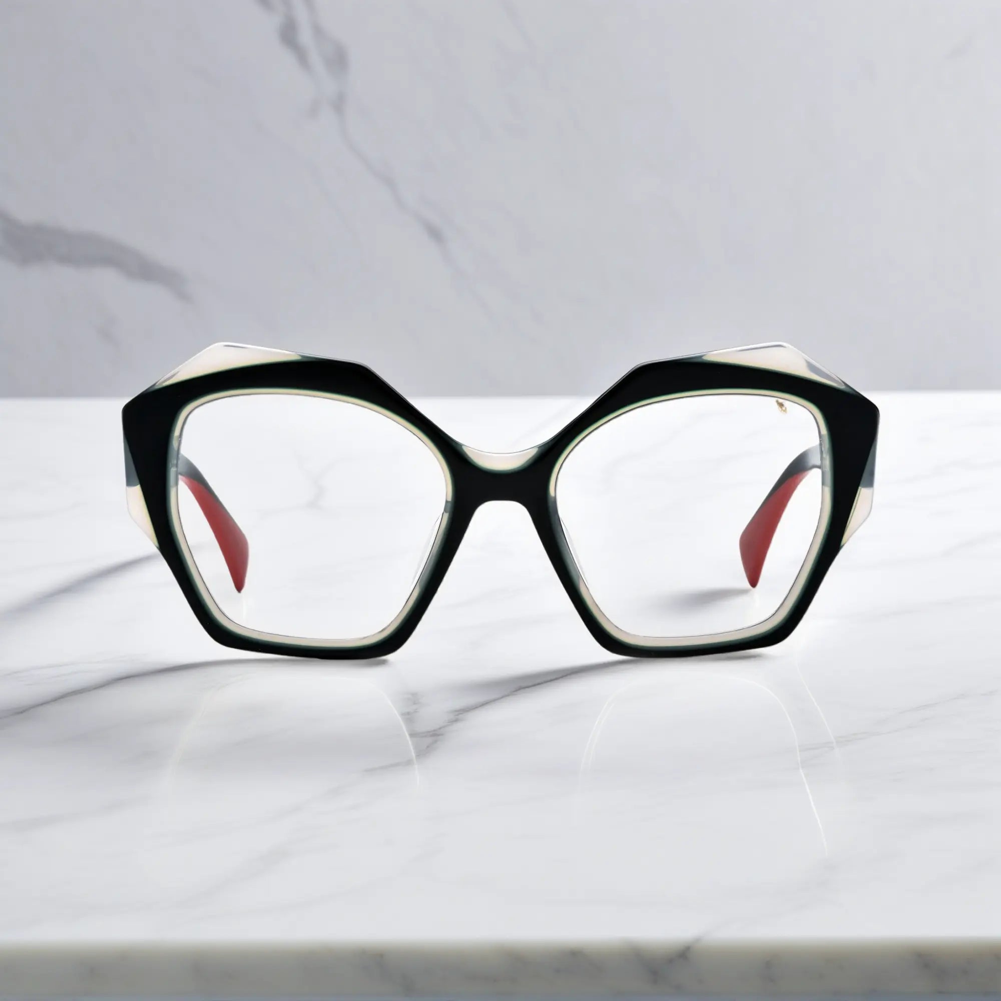 Front-facing image of VoyueLens™ Midnight Core eyeglasses with striking black frame and structured shape.